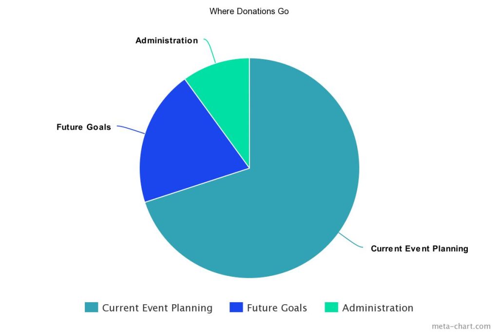 Pie chart breakdown, showing how donations are utilized within the charity. 